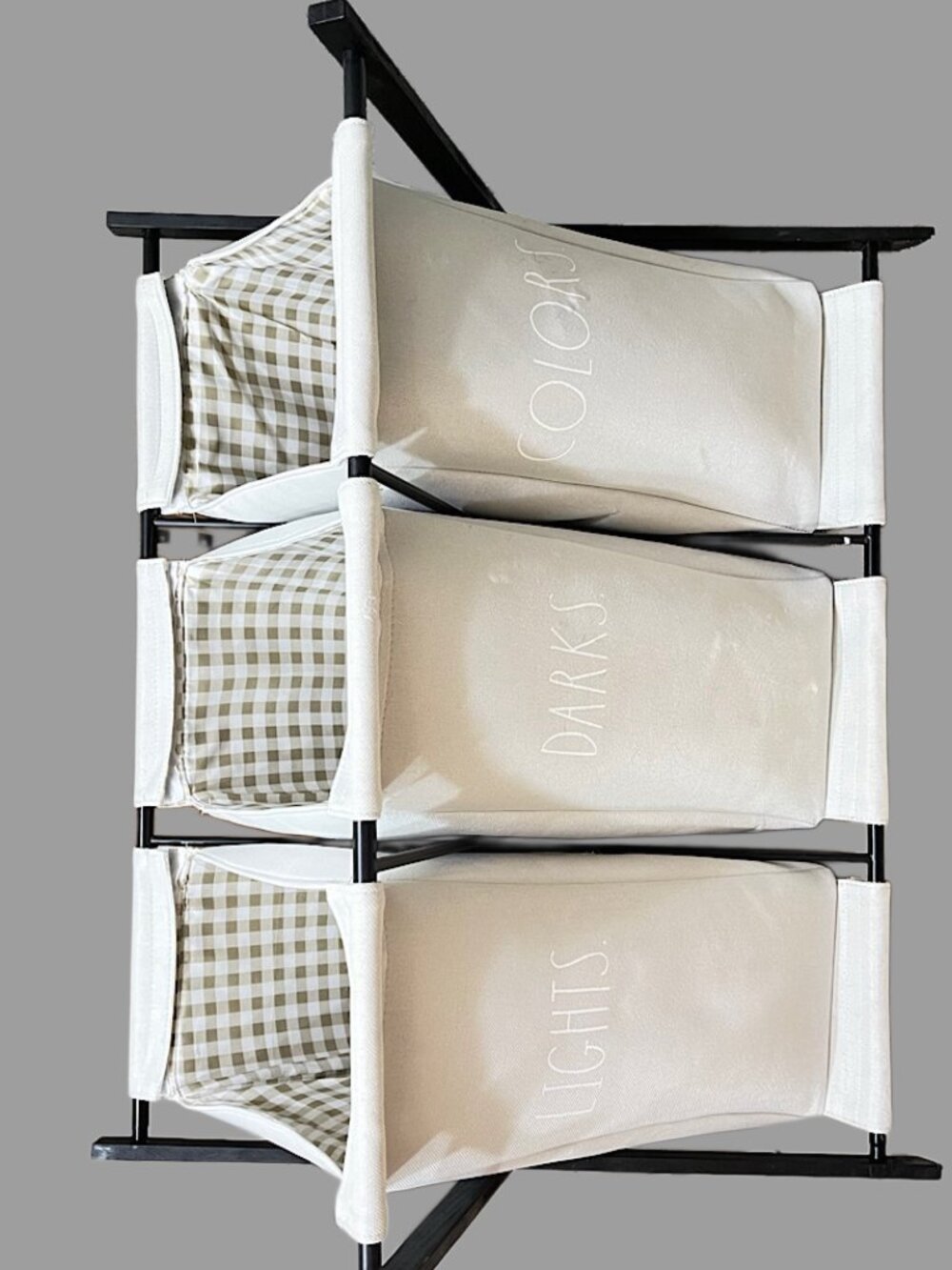 Rae Dunn 3-Section Laundry Sorter Lights Darks Colors Checkered Liner Set